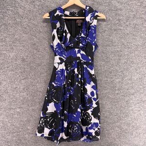 Trulli Dress Women M Medium Blue Floral Sheath Midi Zipper V-Neck Sleeveless